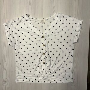 White Buttoned Tie Front Top with Black Accents